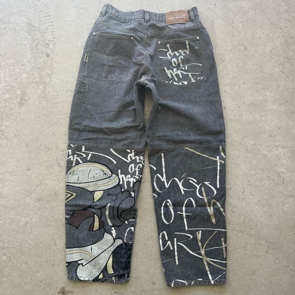 Y2K School Of Hard Knocks Gray Graffiti Baggy Skater Jeans 32x30 (Broken Zipper)